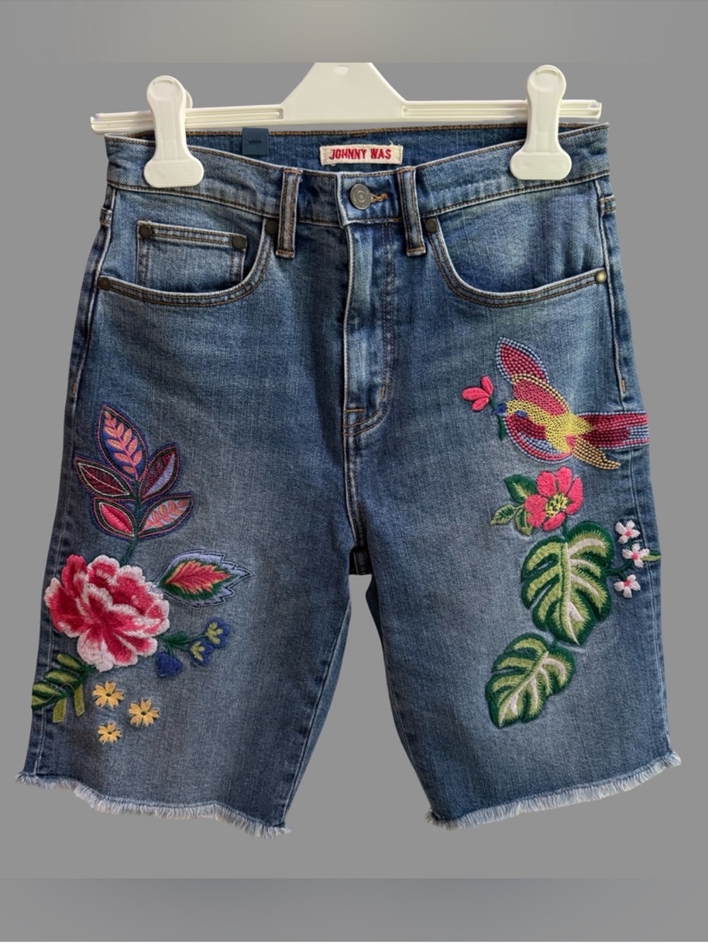 Johnny Was Blue Denim Embroidered Floral & Bird Jeanette Bermuda Shorts
